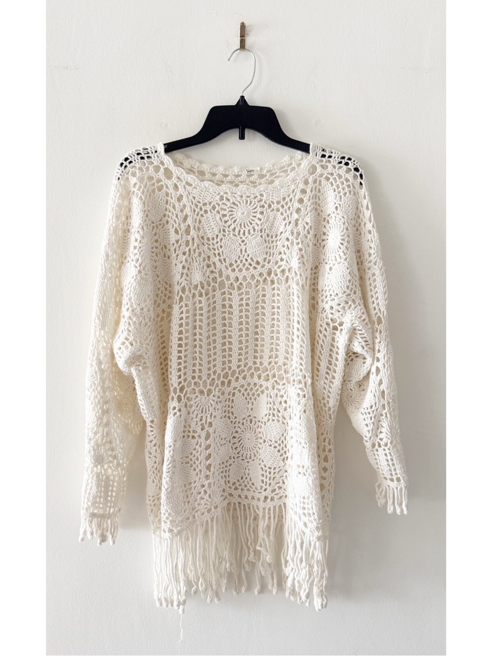 Ivory-White Crochet Open Knit Tunic Top/Mini Dress Cover Up